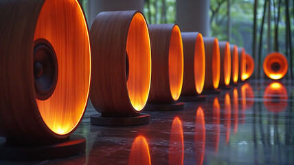 Speaker and LED bar wind chime in a dimly lit space. Gently swaying LED bars cast warm white and amber light traces,generative ai