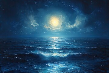 Naklejka na ściany i meble Impasto, starry sky and sea, a singular of texture and depth, capturing the ethereal beauty and mystique of celestial bodies reflected in the vastness of the ocean.