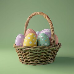 A digital Easter marvel: A basket brimming with sleekly designed eggs on a soft pastel green backdrop, capturing the essence of Easter in the digital world.