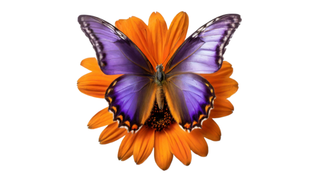 Isolated orange flower with a fun imaginary purple butterfly. Floral and insect design, nature based.