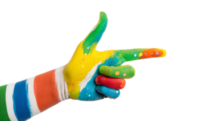 A fun and colorful painted hand pointing with one finger at something. Funny symbol to draw attention in graphics. 
