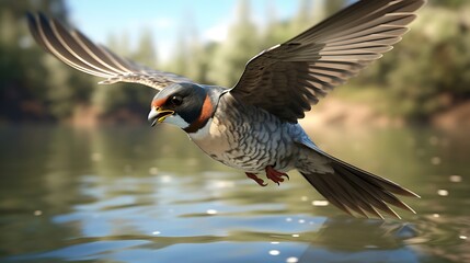 Obraz premium Graceful Dance: A Swallow Soaring with Effortless Elegance Over a Tranquil and Serene Landscape, Capturing the Essence of Nature's Beauty