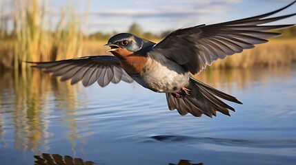 Obraz premium Graceful Dance: A Swallow Soaring with Effortless Elegance Over a Tranquil and Serene Landscape, Capturing the Essence of Nature's Beauty