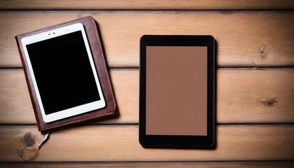 Old brown book with tablet computer together on wooden background. Space for your text. Old vs new. Reading digital ebook Device Display tablet Technology over book