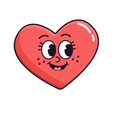 Groovy cute sticker happy joyful face heart for Valentine's day. Vector illustration in trendy retro vintage style isolated on white background