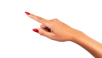 A woman's hand pointing at something with her finger. Red painting nails, female. For use in graphics as attention getter.