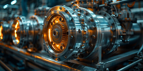 Fototapeta premium professional photo of large crome industrial gas compressor with a lot of gears inside,generative ai