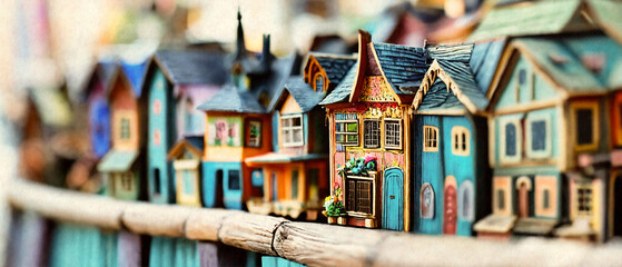 木でできたカラフルな家がたちならぶ街並み。海外。