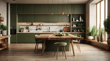 An elegantly designed kitchen with olive green cabinets and lively indoor plants enhancing a feeling of life and wellness - obrazy, fototapety, plakaty