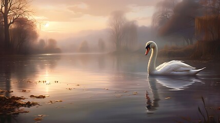 Fototapeta premium Grace in Motion: A Majestic Swan Glides Serenely Across a Mirror-like Surface, Reflecting Elegance and Beauty in Nature's Perfect Harmony