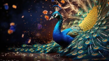 Vibrant peacock, a stunning display of nature's beauty, showcasing the colorful plumage and elegant presence of this majestic, a symbol of grace and elegance. - obrazy, fototapety, plakaty
