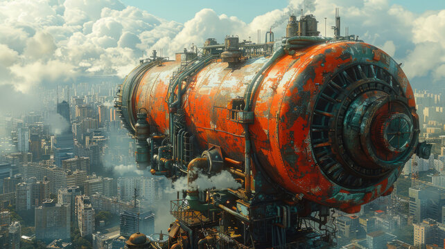 old poster retro Soviet style of energy machine engine providing electricy to a huge city, generative ai