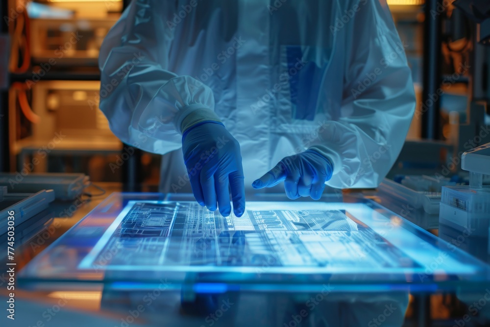 Poster human and robot collaboratively analyzing a digital blueprint in a high-tech lab environment
