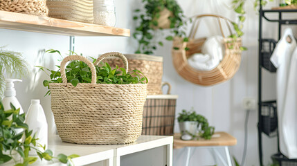 Light and refreshing laundry room with green plants in woven baskets and soft natural tones.