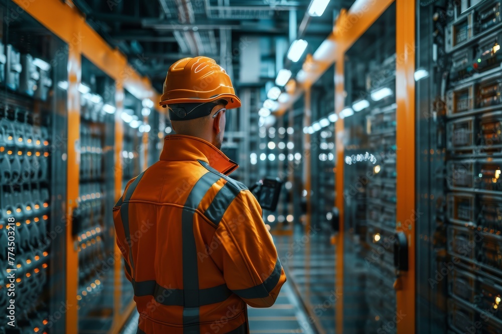 Poster technician in a high-vis jacket with a tablet inspecting server racks in a data center