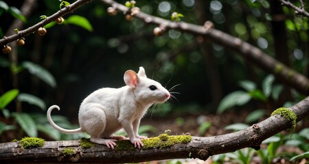 Une souris blanche, délicate et agile, explore les branches de l'arbre avec curiosité, créant une scène douce et harmonieuse dans la nature environnante.