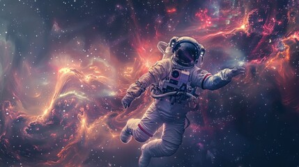Fototapeta na wymiar astronaut lost in space in a colorful nebula distorting space floating in high resolution and quality