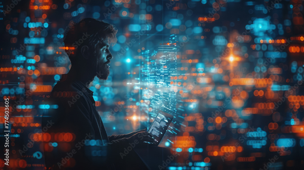 Wall mural futuristic iot concept: man coding on laptop and tablet, symbolizing digital innovation in software 
