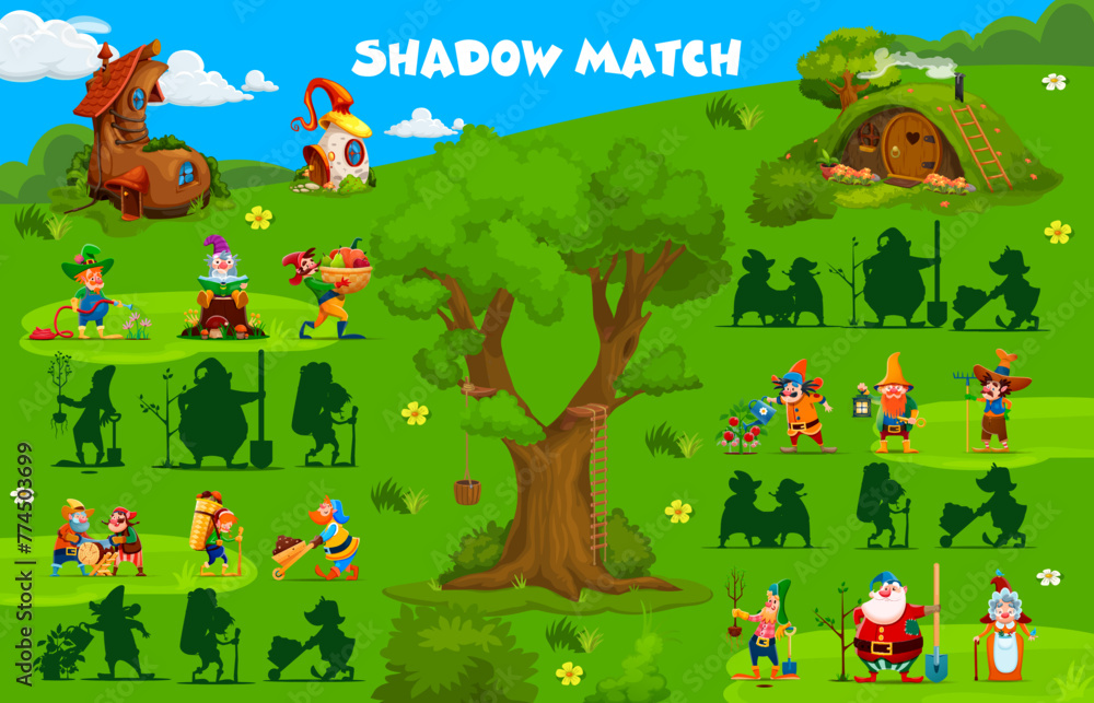 Poster shadow match game with cartoon garden gnome and dwarf characters, vector puzzle worksheet. find corr