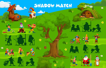 Shadow match game with cartoon garden gnome and dwarf characters, vector puzzle worksheet. Find correct shadow of cartoon fairytale funny gnomes at village or forest dwarf with fairy tale houses