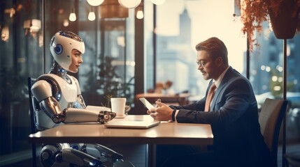 Modern Meeting: Woman, Businessman Engage with AI Technology for Seamless Communication and Translation in Business Environment - obrazy, fototapety, plakaty
