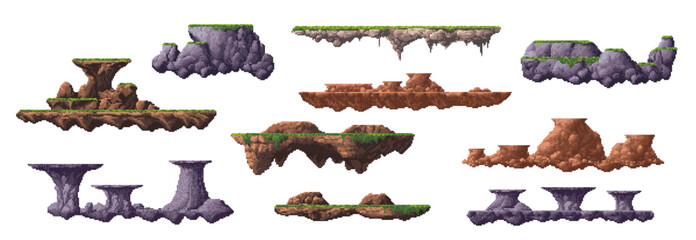 8 bit arcade pixel art game mountain and ground platforms, vector UI assets. Retro video and computer arcade game 2d pixelated rock platforms, floating stone islands and blocks with green grass, moss