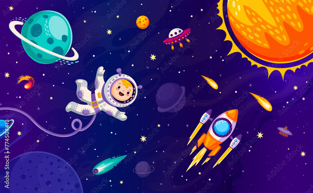Poster cartoon kid astronaut character in outer space, galaxy planets and flying starship. little boy cosmo