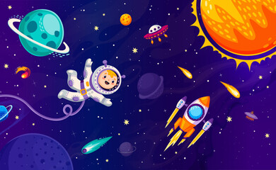 Cartoon kid astronaut character in outer space, galaxy planets and flying starship. Little boy cosmonaut exploring the vast expanse of the universe floats among planets and encounters majestic shuttle - 774504413