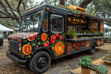 Fototapeta na wymiar Colorful fruit themed food truck with vegan dishes in outdoor setting