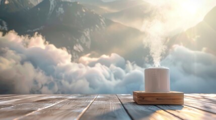 Modern Air Humidifier Operating on Wooden Surface Against Majestic Mountain Backdrop at Dawn