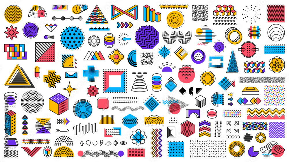 Poster Abstract geometric memphis shapes and modern pattern elements vector set. Colorful figures, linear details, dots, circles and cubes, triangles and waves, arrows or semi-circles trendy ornaments