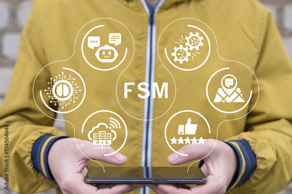 Poster man holding phone and using virtual screen sees abbreviation: fsm. fsm field service management busi