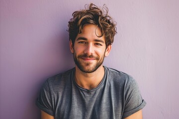Portrait of handsome young man with curly hair smiling at camera.