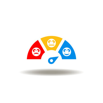 Vector illustration of indicator or meter or spedometer with smile, sad, indifference faces. Icon of NPS Net Promoter Score. Symbol of client satisfaction, feedback, rating, ranking.