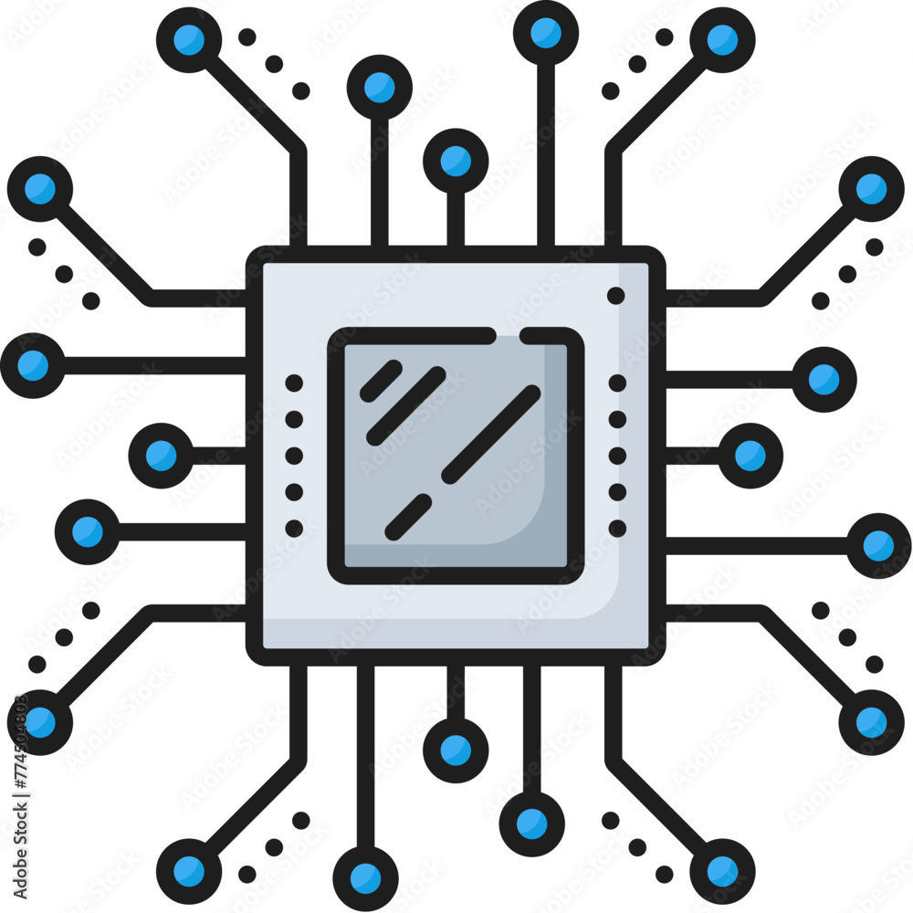 Poster Artificial intelligence, AI algorithm, machine learning analysis line color icon. AI data analysis, artificial intelligence technology outline vector icon with computer CPU chip and motherboard traces