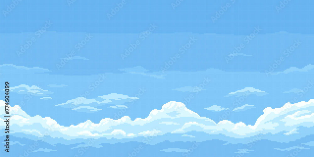 Poster 8bit pixel blue sky background with clouds, cloudy game landscape background. vector heaven cloudsca