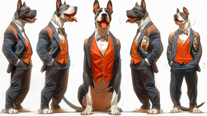 multiple poses of argentinian dogo dog talking, mouth open, dressed very cool,generative ai - obrazy, fototapety, plakaty
