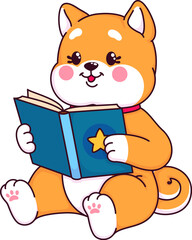 Japanese kawaii shiba inu dog character reading the book. Isolated cartoon vector happy smart puppy character studying lesson. Cute pet personage sitting on floor, turning pages, having fun spare time