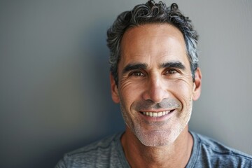 Portrait of a handsome middle-aged man smiling at the camera - obrazy, fototapety, plakaty