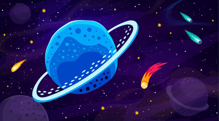 Blue space planet with rings in galaxy landscape, cartoon vector background for kids. Outer space stars and extraterrestrial planets, Saturn and alien earth in starry sky with comets and asteroids - 774505211