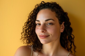 Portrait of a beautiful young woman with curly hair on a yellow background