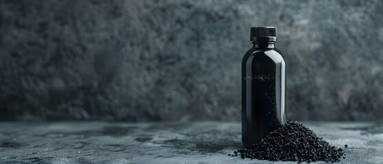 Activated carbon in bottle used for various purposes like water purification decaffeination and metal extraction. Concept Water Purification, Decaffeination, Metal Extraction, Activated Carbon
