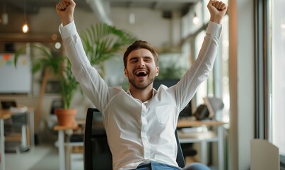 Young businessman starting a business is very happy and excited doing a winner pose with his arms raised sitting on a chair in the office. generative AI
