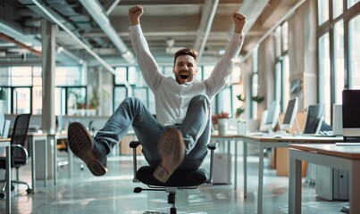 Young businessman starting a business is very happy and excited doing a winner pose with his arms raised sitting on a chair in the office. generative AI