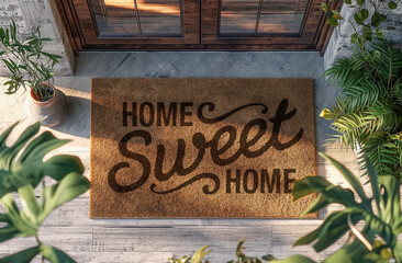 Home Sweet Home Welcome Mat At Front Door of House. Generative AI. - 774505671