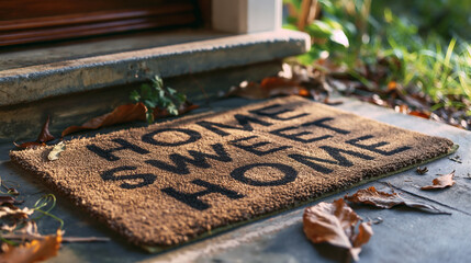 Home Sweet Home Welcome Mat At Front Door of House. Generative AI. - 774505674