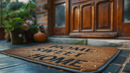 Home Sweet Home Welcome Mat At Front Door of House. Generative AI. - 774505689