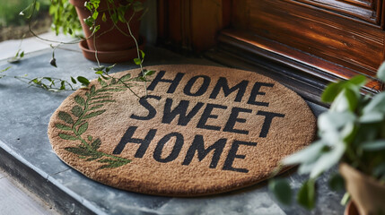 Home Sweet Home Welcome Mat At Front Door of House. Generative AI. - 774505692