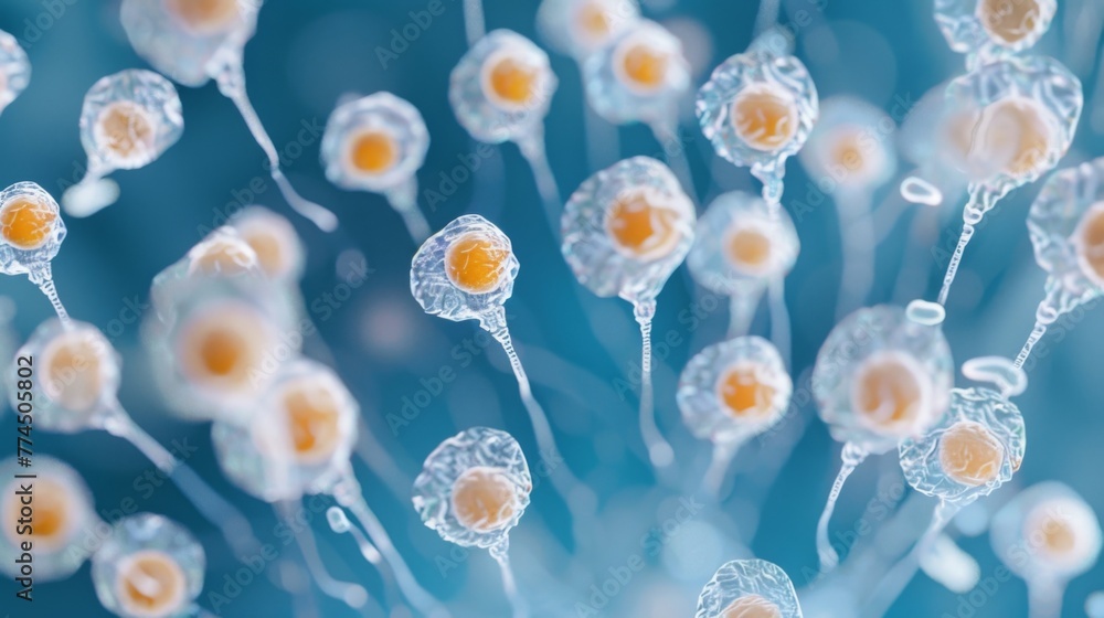 Poster a microscopic image of thousands of cells competing to reach and fertilize a single egg emphasizing 