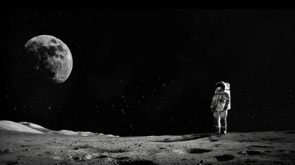 astronaut on a meteorite with the moon in high resolution background